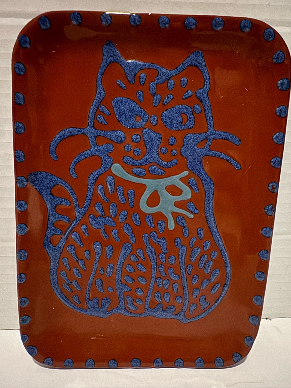 Vintage Signed 1993 Studio Art Pottery Cat Tray Redware Handcrafted Whimsical